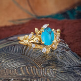 1.15 CT Delicate Leaf Accented 4 Prong Oval Shaped Turquoise Ring Sets